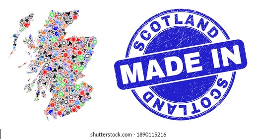 Service Scotland map mosaic and MADE IN distress stamp seal. Scotland map mosaic formed with wrenches,wheel, tools,items,cars,power strikes,details.