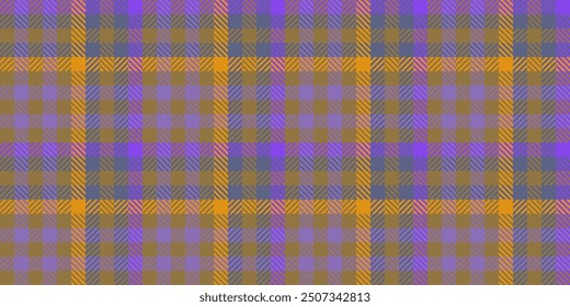 Service seamless check background, underwear textile plaid texture. Tie tartan pattern vector fabric in amber and violet colors palette.