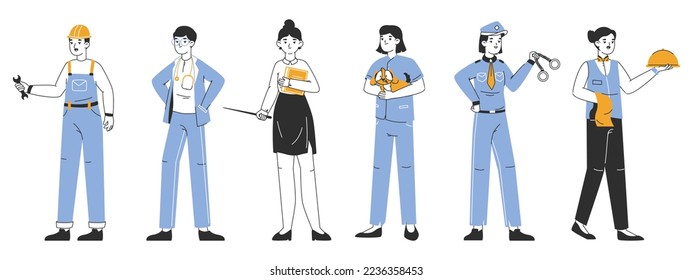 Service sector professional workers. People with various professions and occupations, doctor, policeman, chef and teacher flat vector illustration set on white background