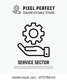 Service Sector Thin Line Icon. Human Hand With Cogwheel. Technical Support, Improvement, Settings, Engineering. Pixel Perfect, Editable Stroke. Vector Illustration.