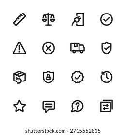 Service- und Sicherheitsleitungs-Symbolsatz, einschließlich Warnung, Fehler, genehmigt, Lieferwagen, Rückgabefeld, sicheres Schild, Schloss, Abzeichen, Verlauf, Chat, Hilfe und Sync-Symbole. Ideal für Kundenservice, Logistik, E-Commerce-Plattformen und Dashboard-UI.