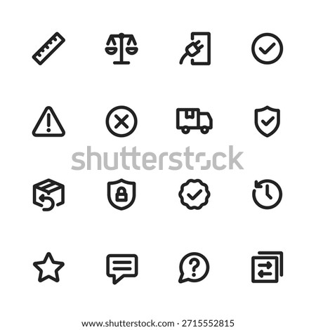 Service and security line icon set including warning, error, approved, delivery truck, return box, secure shield, lock, badge, history, chat, help, and sync icons. Ideal for customer service, logistics, e-commerce platforms, and dashboard UI.