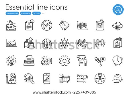 Service, Seo devices and Time line icons. Collection of Employee hand, Face biometrics, Nurse icons. Medical tablet, Manual doc, Typewriter web elements. Web system, Journey path. Vector