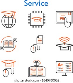 service set. included feedback, chip, cap, test, school, elearning, touchscreen, learning, click icons. bicolor styles.