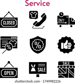 service set. included online shop, shop, like, closed, phone call, warranty, delivery truck, open icons. filled styles.