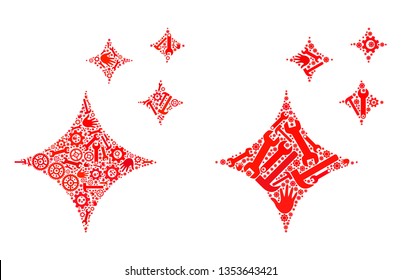 Service shine stars icon collage of service tools. Abstract vector shine stars symbol is shaped with cogwheels, hands, hammers and spanners. Concept of technician service.