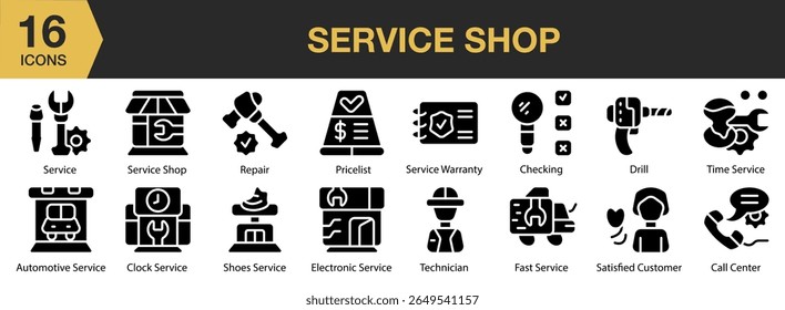 Service Shop solid icon set. Includes service, shop, repair, maintenance, support, and More. Solid icons vector collection.