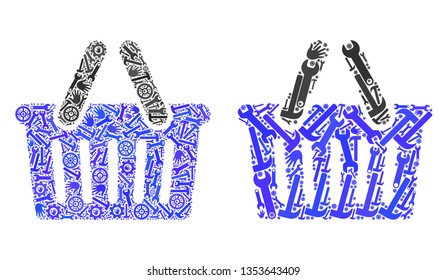 Service shopping basket icon collage of service tools. Abstract vector shopping basket symbol is composed of cogs, hands, hammers and wrenches. Concept of industrial company.