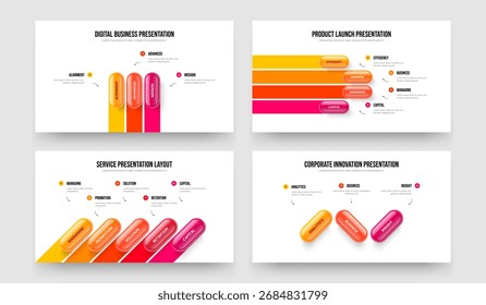 Service Showcase 3 4 5 Element Diagramm Präsentation Layout Set. Investor Planung drei vier fünf Option Infografik Slide Design Vektor Illustration Collection.
