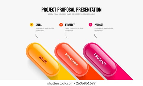 Service Showcase Three Element Diagram Slide Template. Product Visualization 3 Option Infographic Slideshow Layout. Investor Innovation Presentation Design Vector Illustration.