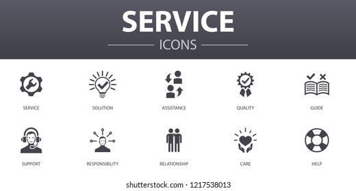 Service simple concept icons set. Contains such icons as Solution, assistance, quality, support and more, can be used for web, logo, UI/UX