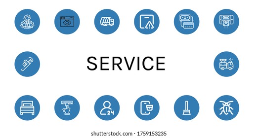 service simple icons set. Contains such icons as Settings, Visual, Garbage truck, Important delivery, Payment method, Smartphone, Bed, Atm, can be used for web, mobile and logo