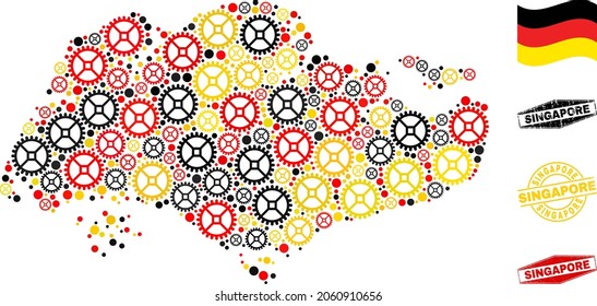 Service Singapore map collage and stamps. Vector collage is designed of clock gear items in different sizes, and German flag official colors - red, yellow, black.