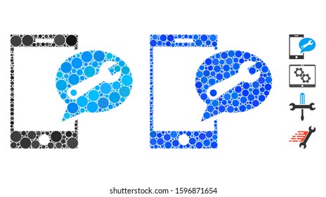 Service SMS composition of small circles in various sizes and color tones, based on service SMS icon. Vector small circles are united into blue composition.