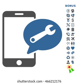 Service SMS icon with bonus pictograms. Vector style is bicolor flat iconic symbol with rounded angles, cobalt and gray colors, white background.