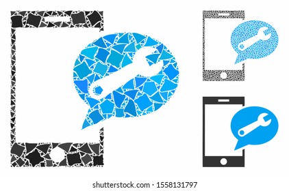 Service SMS mosaic of unequal elements in various sizes and shades, based on service SMS icon. Vector inequal elements are grouped into mosaic. Service SMS icons collage with dotted pattern.