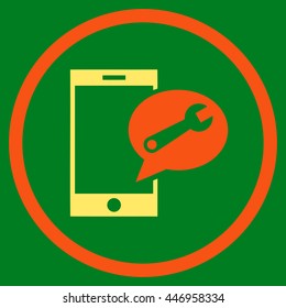 Service SMS vector bicolor icon. Image style is a flat icon symbol inside a circle, orange and yellow colors, green background.