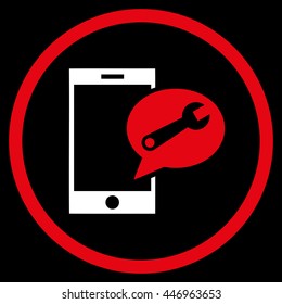 Service SMS vector bicolor icon. Image style is a flat icon symbol inside a circle, red and white colors, black background.