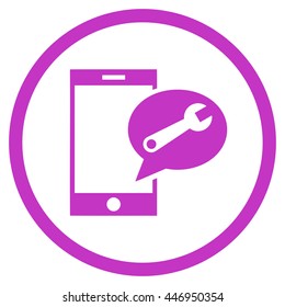 Service SMS vector icon. Image style is a flat icon symbol inside a circle, violet color, white background.