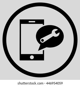 Service SMS vector icon. Image style is a flat icon symbol inside a circle, black color, light gray background.