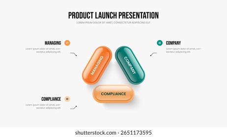 Service Solution 3 Option Diagram Slide Template. Company Innovation Three Step Infographic Slideshow Layout. Digital Analysis Presentation Design Vector Illustration.