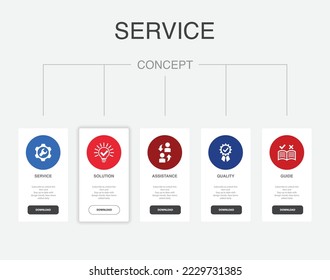 Servicio, Solución, asistencia, calidad, guía, iconos Plantilla de diseño infográfico. Concepto creativo con 5 pasos