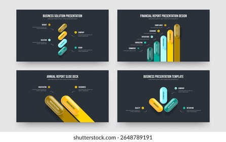 Service Solution Four Five Two Three Step Diagram Slideshow Template Vector Illustration Set. Visual Planning 4 5 2 3 Element Infographic Slide Layout Bundle.