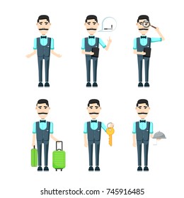 service staff of the hotel and restaurant, cartoon character man with a mustache