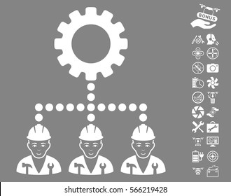 Service Staff icon with bonus drone tools symbols. Vector illustration style is flat iconic white symbols on gray background.