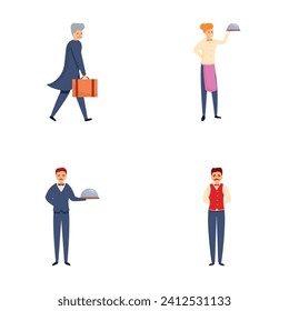 Service staff icons set cartoon vector. Man and woman waiter. Maintenance personnel