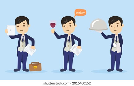 Service staff, secretaries, assistants, serve and help guests or customers, provide a good experience, help customers provide wine and meals, or sign contracts with customers, vector illustration