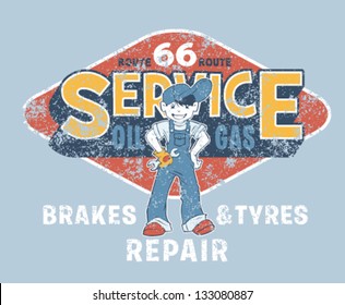 Service station boy - Vector artwork for kid t shirt in custom colors - grunge effect in separate layer