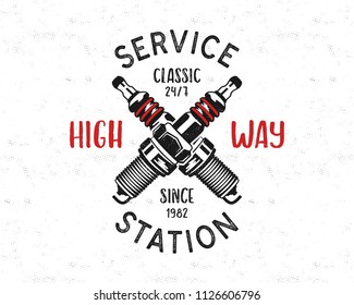 Service station emblem design. Classic garage logo in retro style with monochrome spark plug and typography High way. Mechanic badge. Good for tee. Stock vector isolated on white.