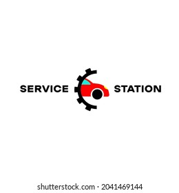 Service station or half gear and car color icon. Tire service center. Repair and maintenance. Vehicle workshop. Trendy flat isolated symbol for: illustration, logo, banner, web, dev, ui. Vector EPS 10