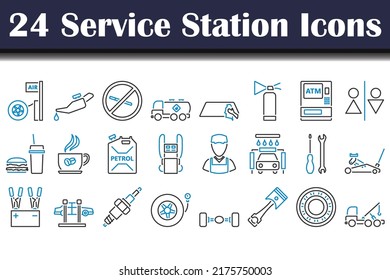 Icon Set der Service Station. Bearbeitbare, fette Rahmenlinie mit Farbfülldesign. Vektorgrafik.