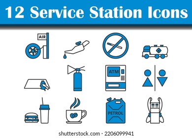 Conjunto de iconos de la estación de servicio. Contorno de negrita editable con diseño de relleno de color. Ilustración vectorial.