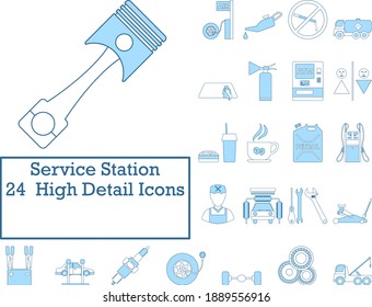 Icon Set der Service Station. Einfach mit dem Design der blauen Füllung übereinstimmen. Vektorgrafik.