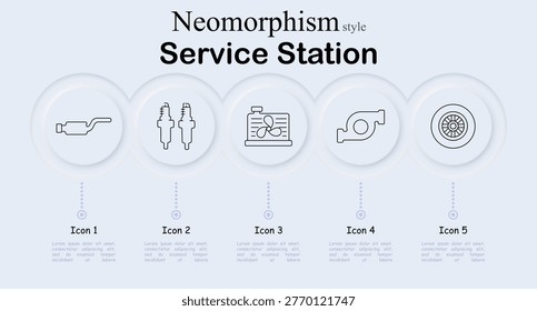 Service station set icon. Neomorphic circular interface line icons with exhaust muffler pipe, spark plugs pair, radiator fan unit, turbocharger turbine, car wheel rim.