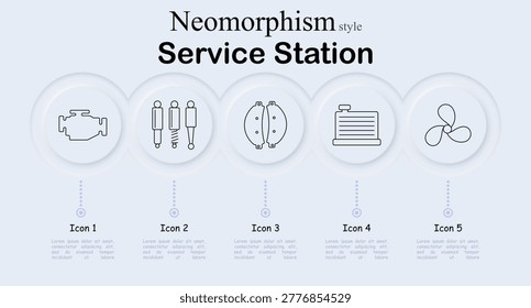 Service station set icon. Neomorphic circular interface line icons with engine motor block, shock absorber suspension, brake pads disc, radiator cooling unit, propeller fan.