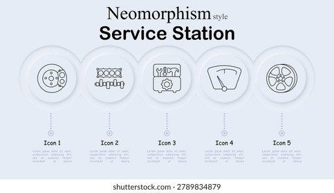 Service station set icon. Neomorphic circular interface line icons with brake disc caliper, engine cylinder block, mechanic toolbox gear, speedometer gauge dial, car wheel rim