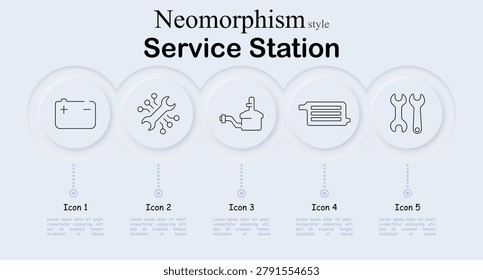 Service station set icon. Neomorphic circular interface line icons with battery power unit, engine spark ignition, carburetor fuel device, air filter element, mechanic wrench tools