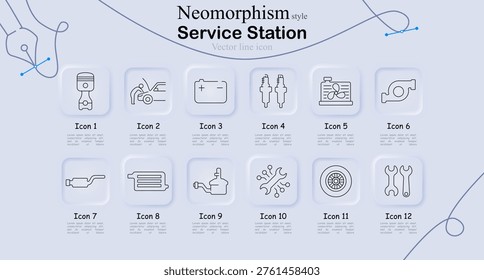 Service station set icon. Piston, car repair, battery, spark plug, engine, horn, exhaust, radiator, fuel system, wheel, wrench, maintenance, automotive service, garage work.