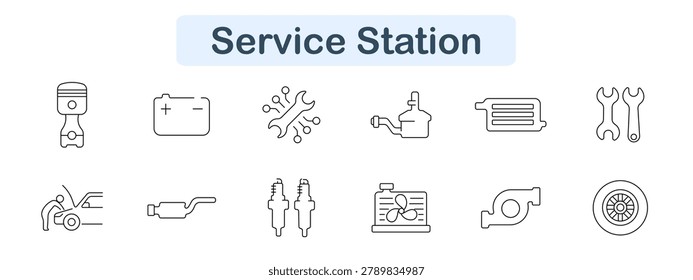 Service station set icon. Piston, battery, wrench gear, engine unit, air filter, spanner tools, car with open hood, exhaust pipe, spark plugs, radiator fan, turbo part, wheel.
