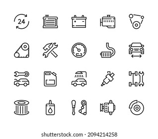 Vektorgrafiksymbole der Dienststation werden gesetzt. Autoservice. Kühler, Batterie, Motor, Generator, Auto-Waschmaschine, Filter, Öl, Injektor, Bremsbeläge, Gehäuse und vieles mehr. Sammlung von Symbolen für den Autodienst.