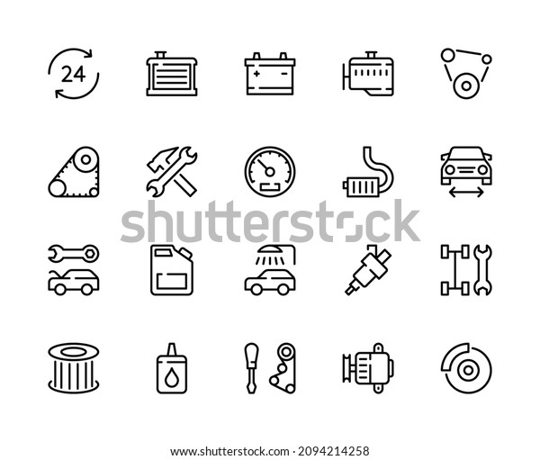 Service station vector linear icons set. Car
service. Radiator, battery, engine, generator, car wash, filter,
oil, injector, brake pads, chassis and much more. Collection of car
service icons.