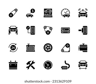 Service station vector silhouette icons set. Car service. Alternator belt, sale, computer diagnostics, time, alarm, car lift, pressure, tape recorder, and much more. Collection of car service icons.