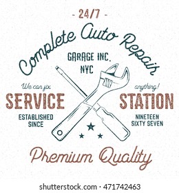Service station vintage label, tee design graphics, custom auto repair service typography print T-shirt stamp, teeshirt graphic, premium retro artwork. Use also as emblem, logo on web projects. Vector