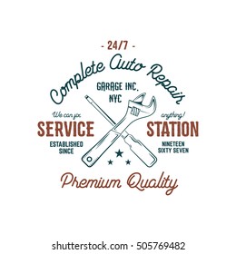 Service station vintage label tee design graphics, complete auto repair service typography print. Custom t-shirt stamp, teeshirt graphic. Good for tee shirt print, emblem, logo on web. Vector artwork
