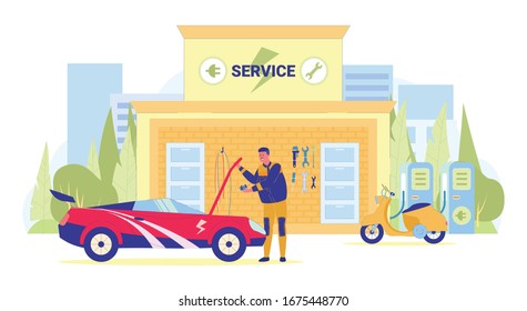 Service Stations for Electric Vehicles Flat Cartoon Vector Illustration. Repairman Opening Hood to Check Car. Scooter Charging on Station. Workshop with Tools as Wrench, Srewdriver.