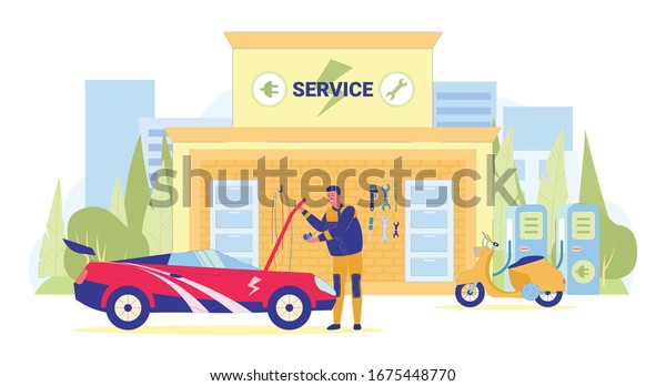Service\
Stations for Electric Vehicles Flat Cartoon Vector Illustration.\
Repairman Opening Hood to Check Car. Scooter Charging on Station.\
Workshop with Tools as Wrench,\
Srewdriver.